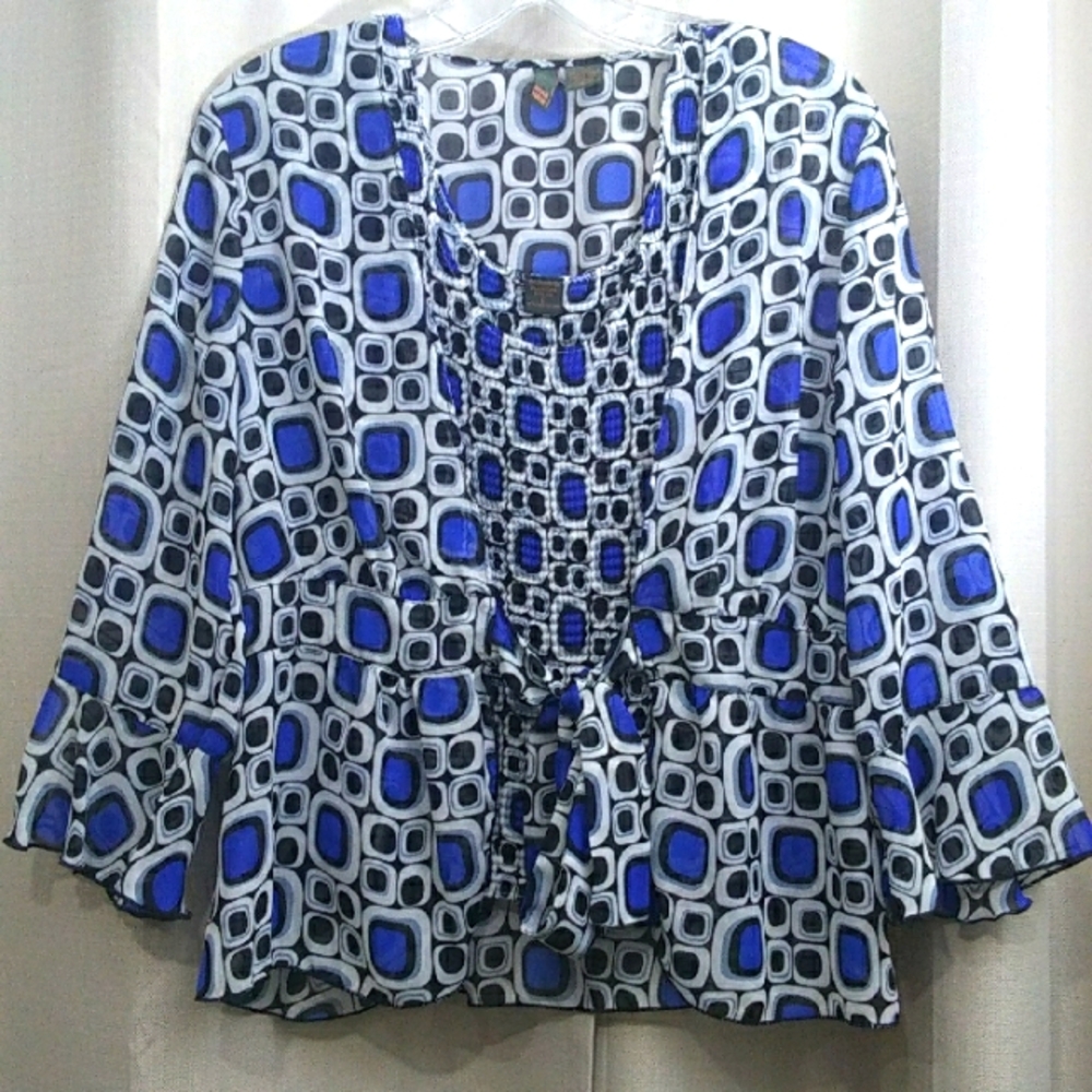 Serenade Two Piece Women's Top Blue White Black Large Ribbed tank Sheer cover